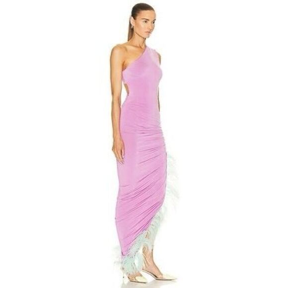 NWT Nervi Sylvia Wisteria One Shoulder Cutout Feather Trim Dres Purple Size IT 3 - Picture 2 of 13